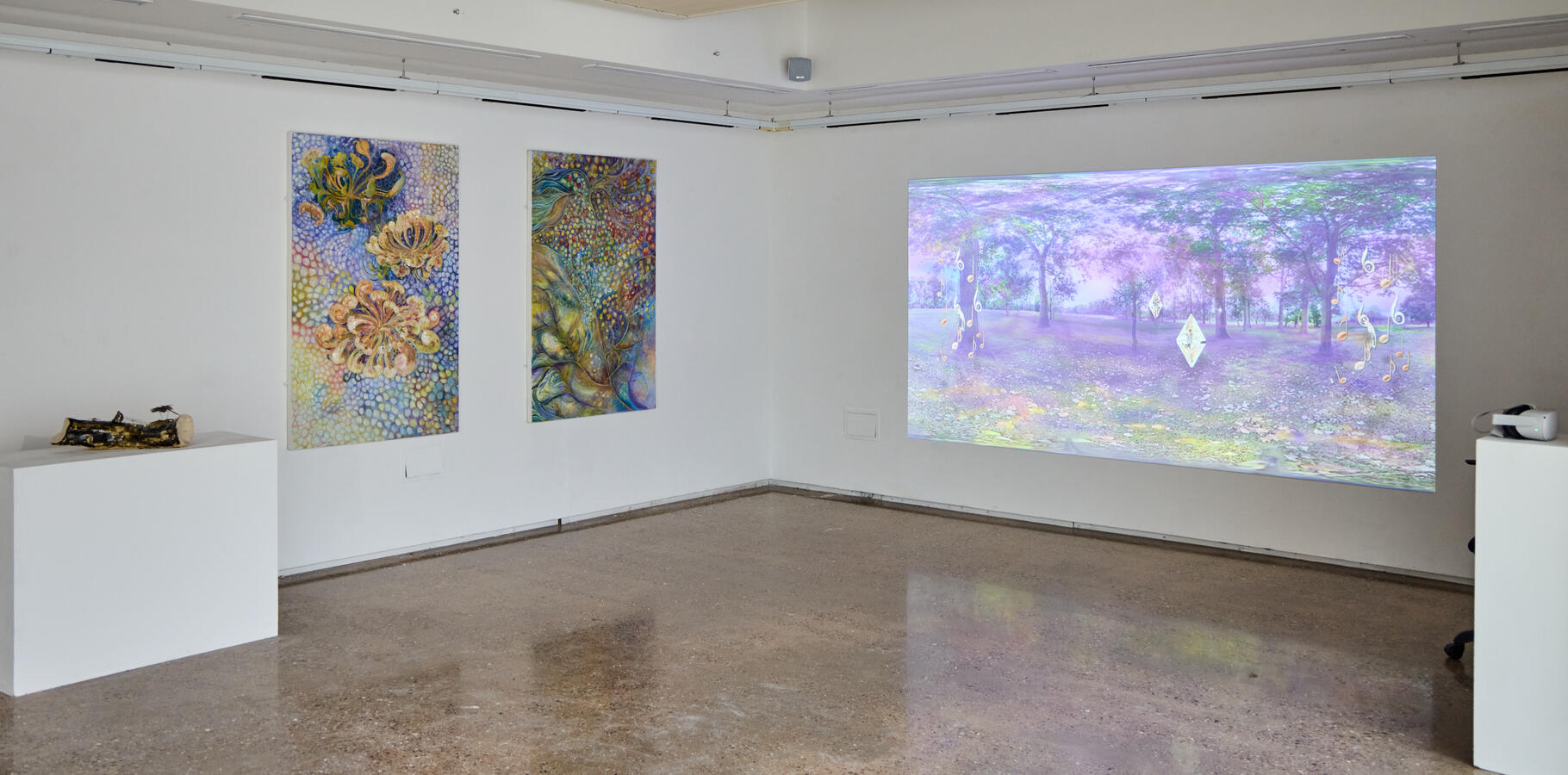 The Eternal Weave Multimedia installation, (3 x oil paintings, sculpture: ceramic, fired silver and gems, 2.5D video (3D goggles), 2025 The Eternal Weave Multimedia installation, (3 x oil paintings, sculpture: ceramic, fired silver and gems, 2.5D video (3D goggles), 2025